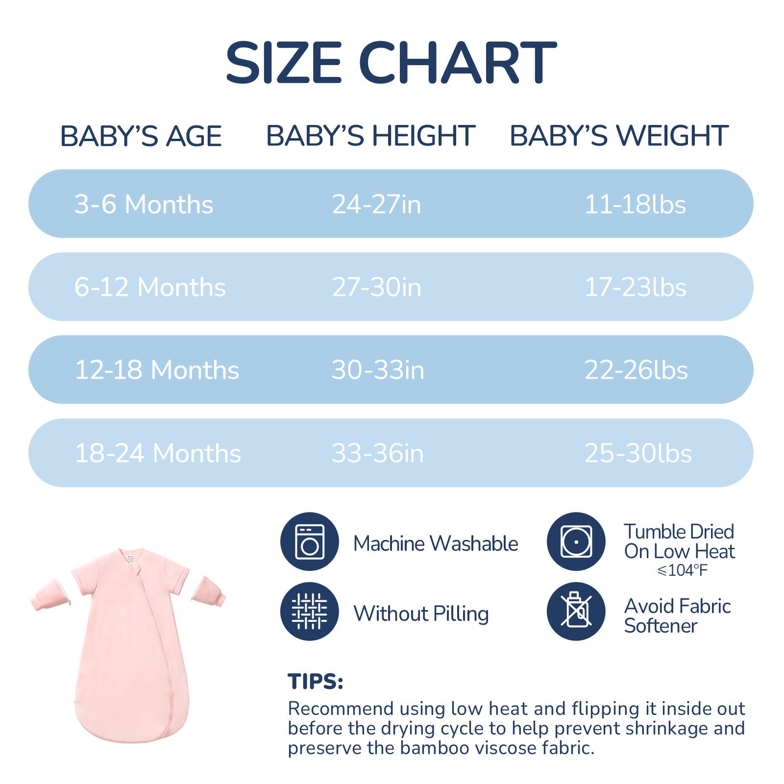 Detachable Sleeves Sleep Sack 1.0 TOG -Bamboo Fabric (Pink)