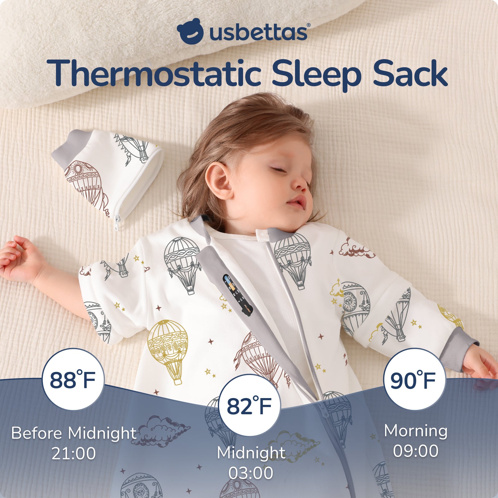 usbettas Baby Sleep Sack 1.0 TOG – Detachable Sleeves (Hot air ballon)