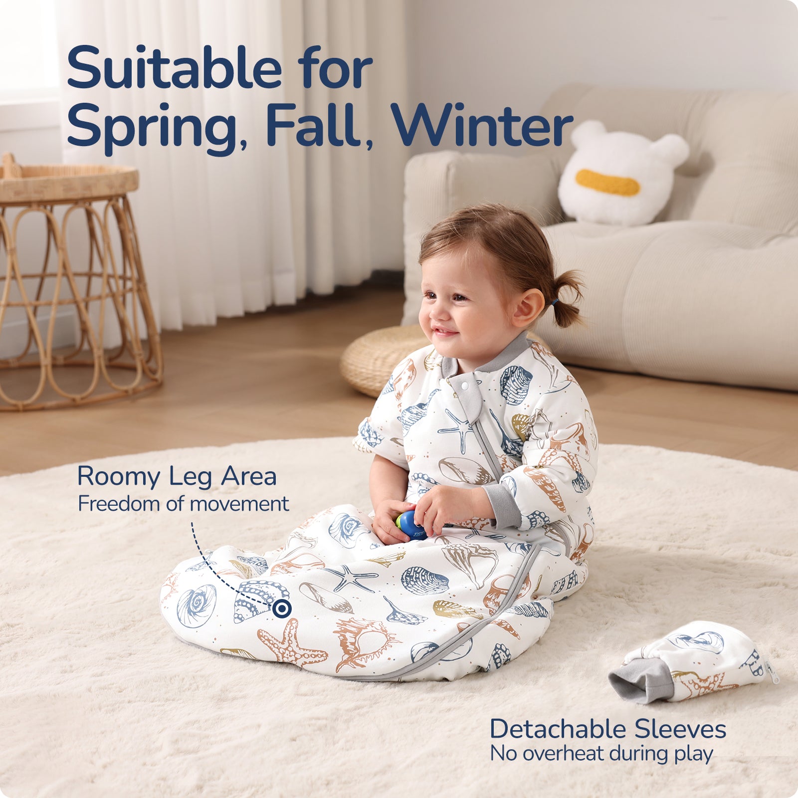 Detachable Sleeves Sleep Sack 2.5 TOG – 100% Cotton (Ocean)