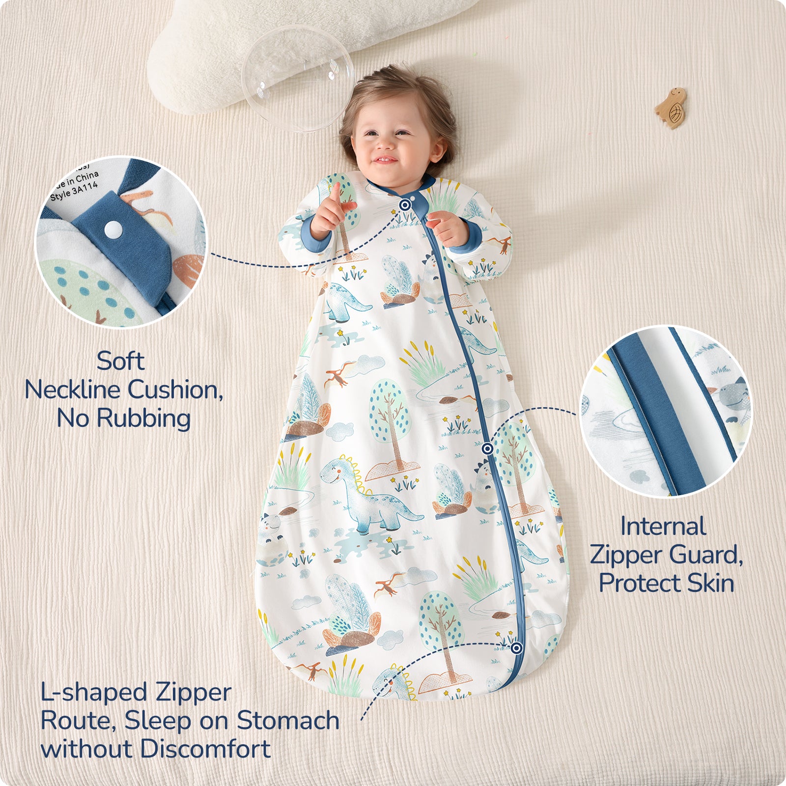 Detachable Sleeves Sleep Sack 1.0 TOG – 100% Cotton (Dino)