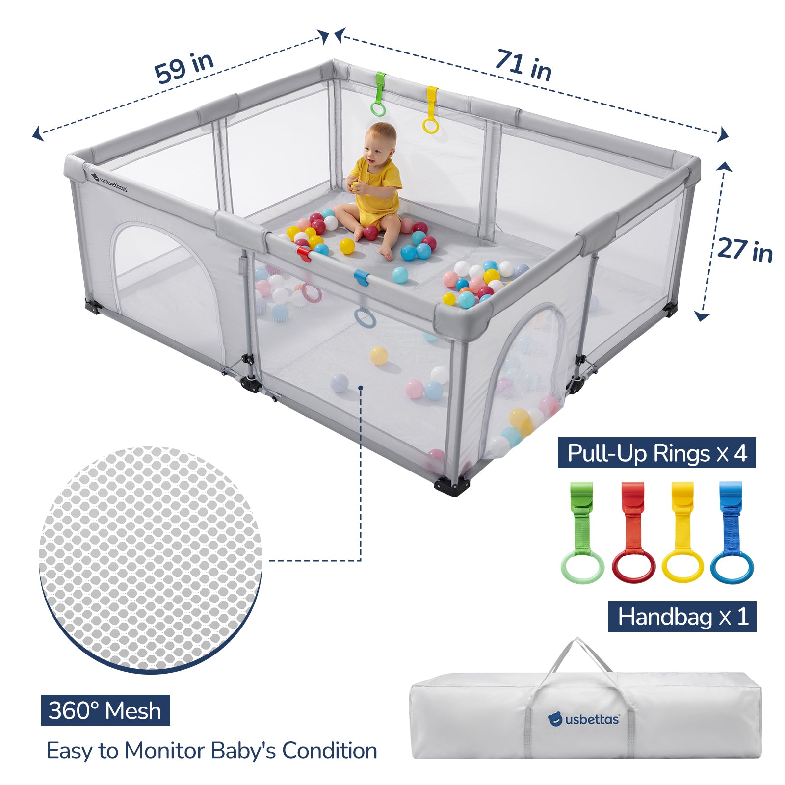 Foldable Baby Playpen 71x59 for Babies Toddler（Light Gray)