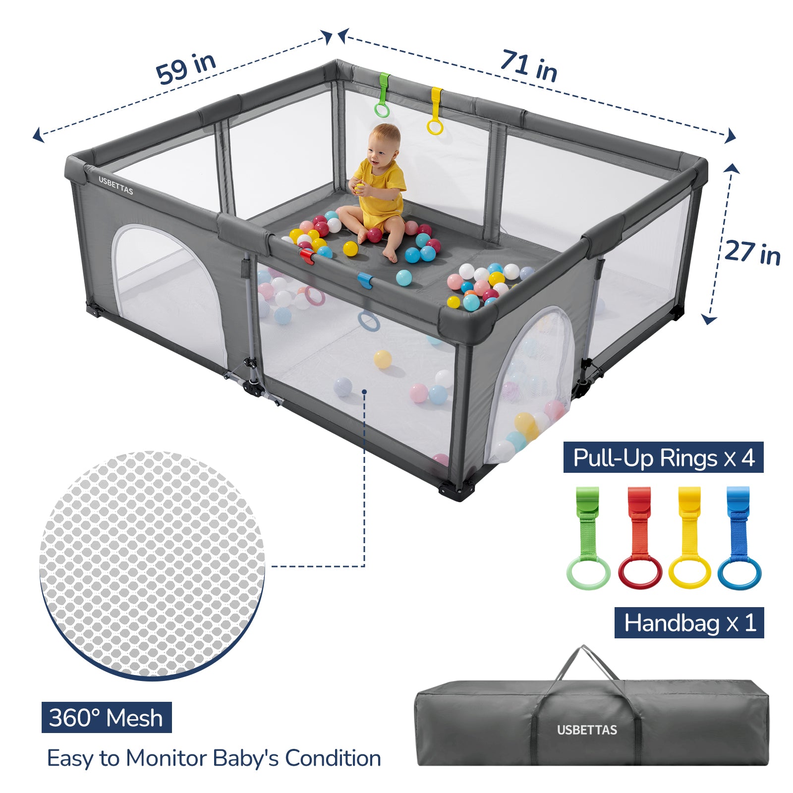 Foldable Baby Playpen 71x59 for Babies Toddler（Black)