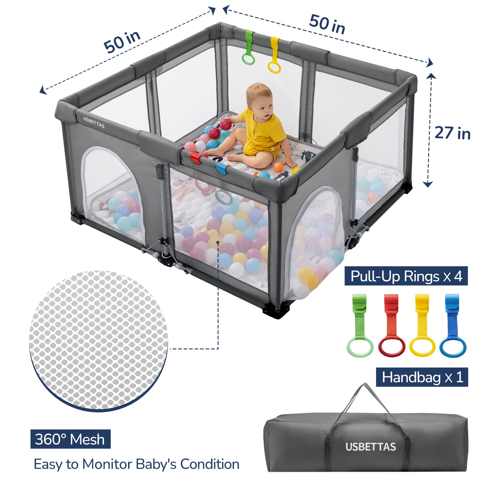 Foldable Baby Playpen 50×50 for Babies Toddler（Dark gray)