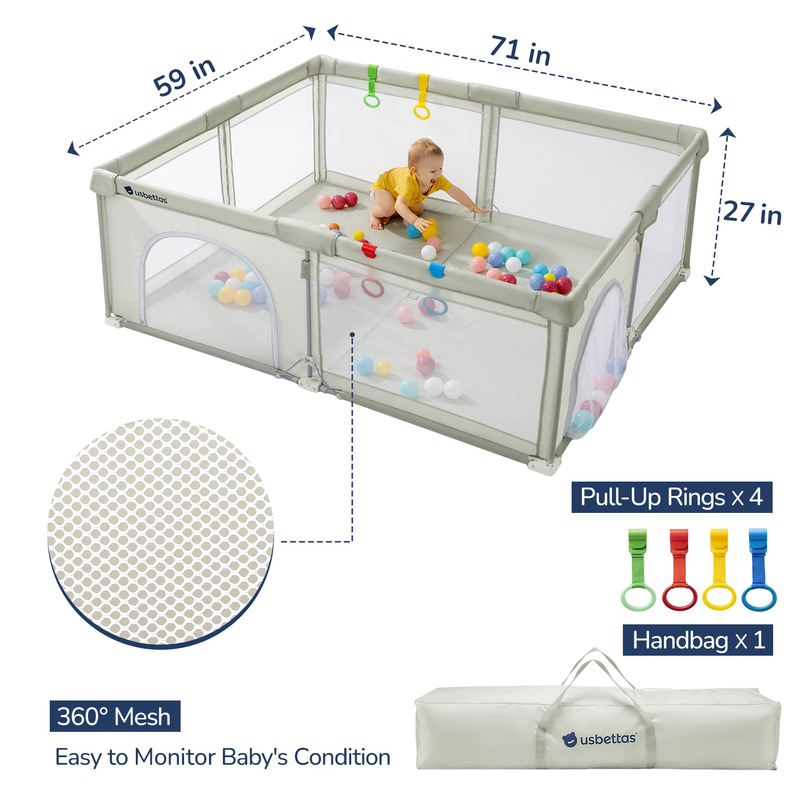Foldable Baby Playpen 71x59 for Babies Toddler（Beige)